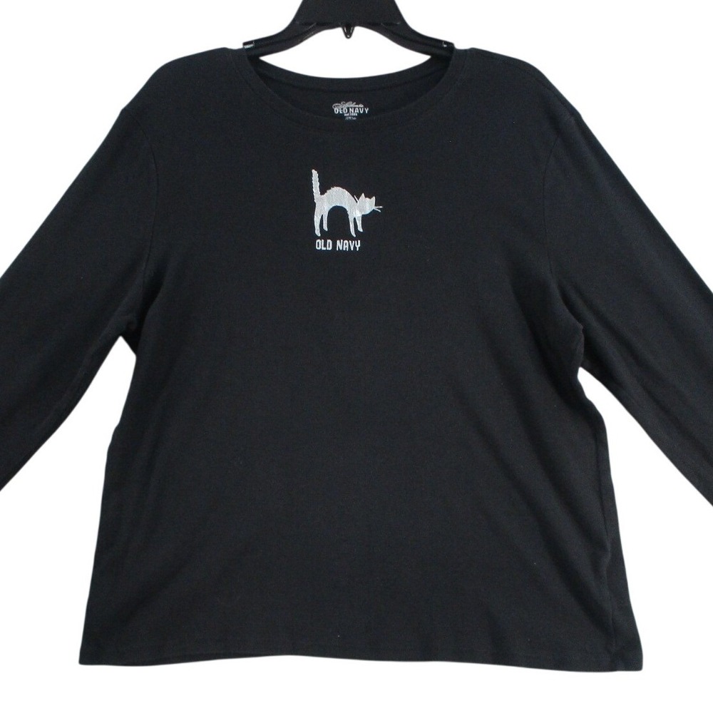 Old Navy Womens XXL Black Long Sleeve Graphic Cat Tee Shirt Cotton Crew Neck